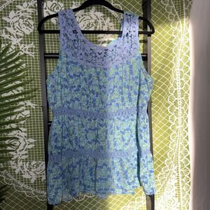 Bandolino Denim Vintage Floral Crochet Lace Tiered Boho Tank Top XL Blue
